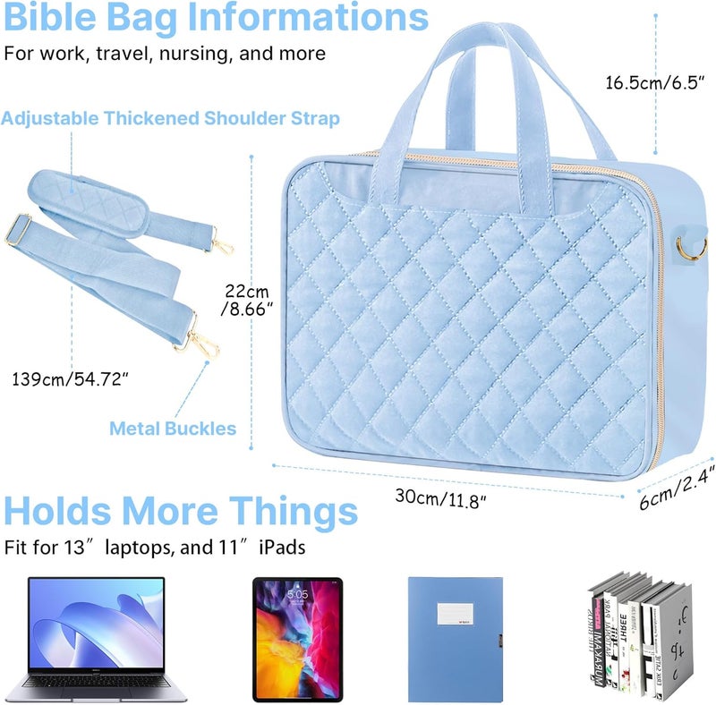 PUGPIU Bible Cover Case for Women, Large Quilted Bible Bag with Shoulder Strap and Handle, Bible Study Supplies Journaling Kit with Highlighters Pens No Bleed Tabs Notebook Cross Clips (Light Blue) - Image 4